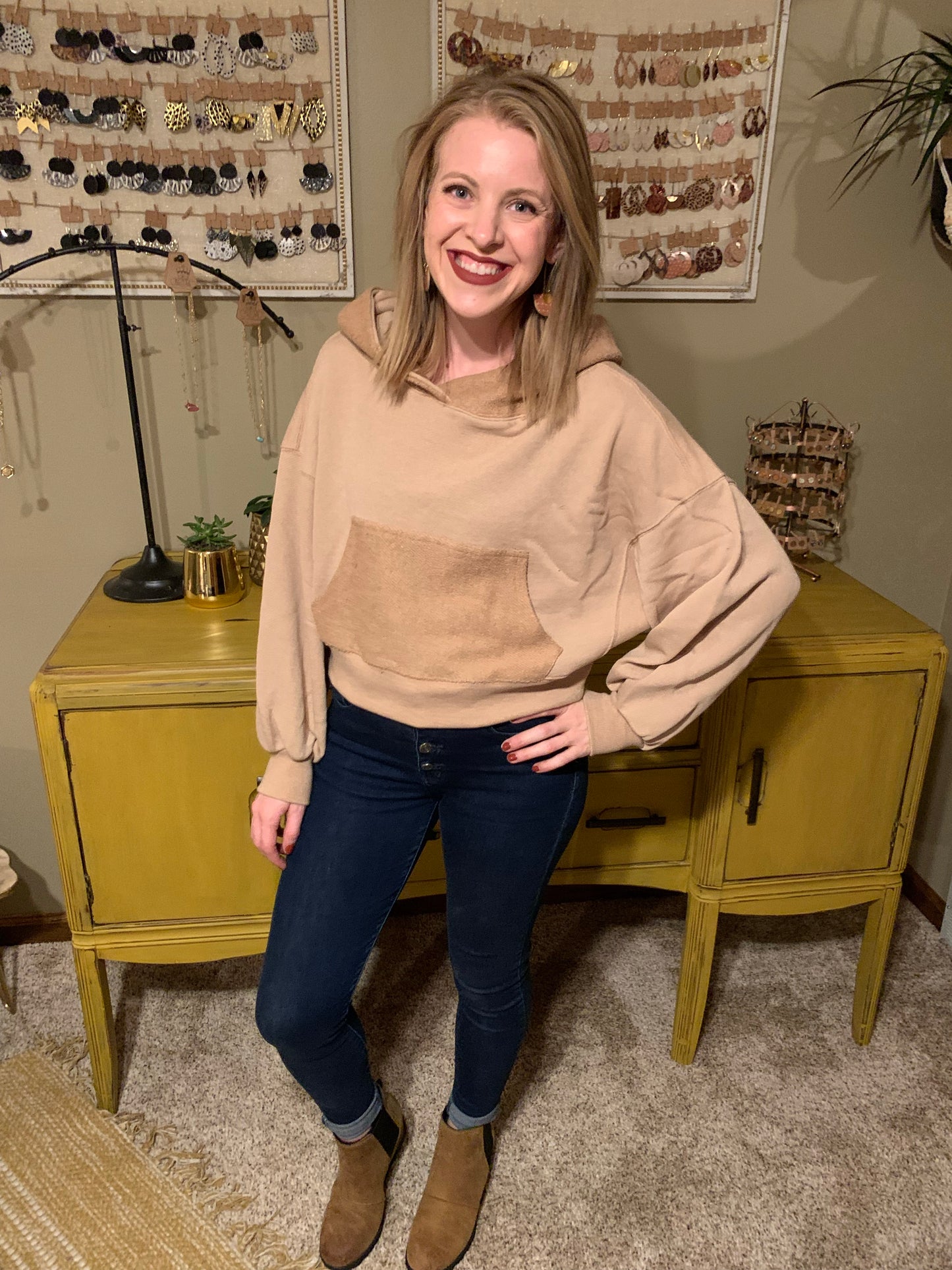 French Terry Cropped Hoodie-Almond