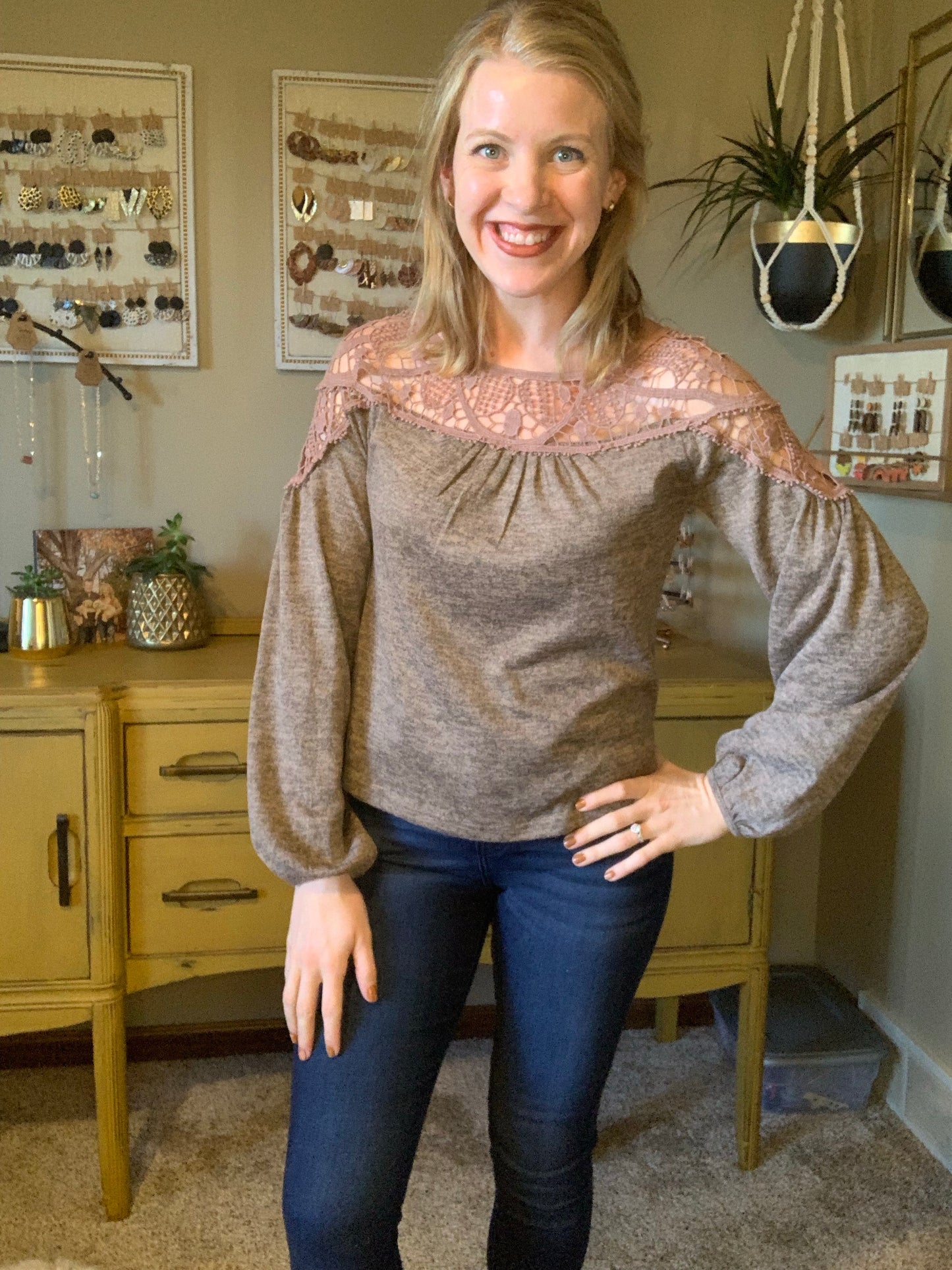 Lace Shoulders Taupe Top- SALE