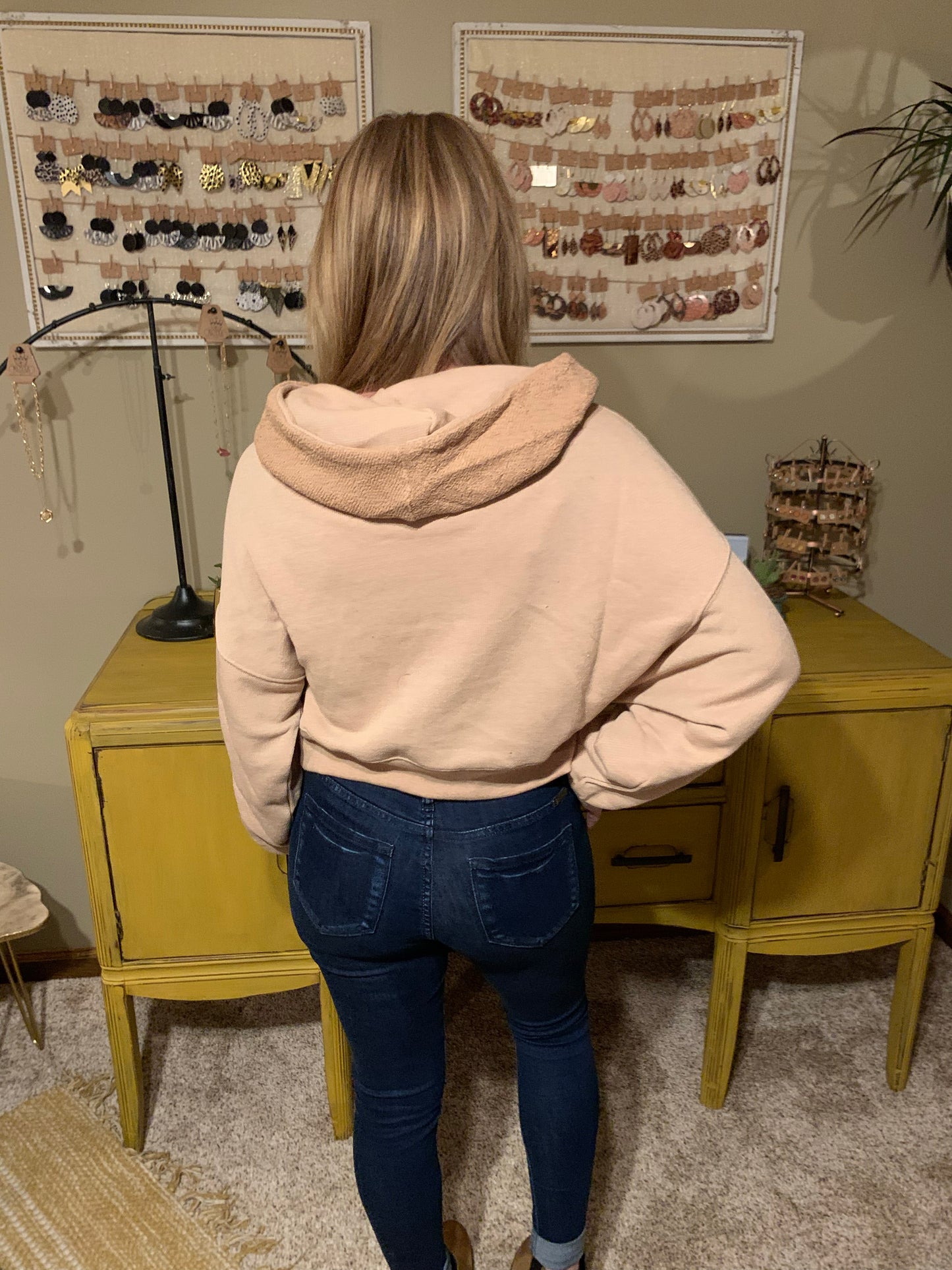 French Terry Cropped Hoodie-Almond